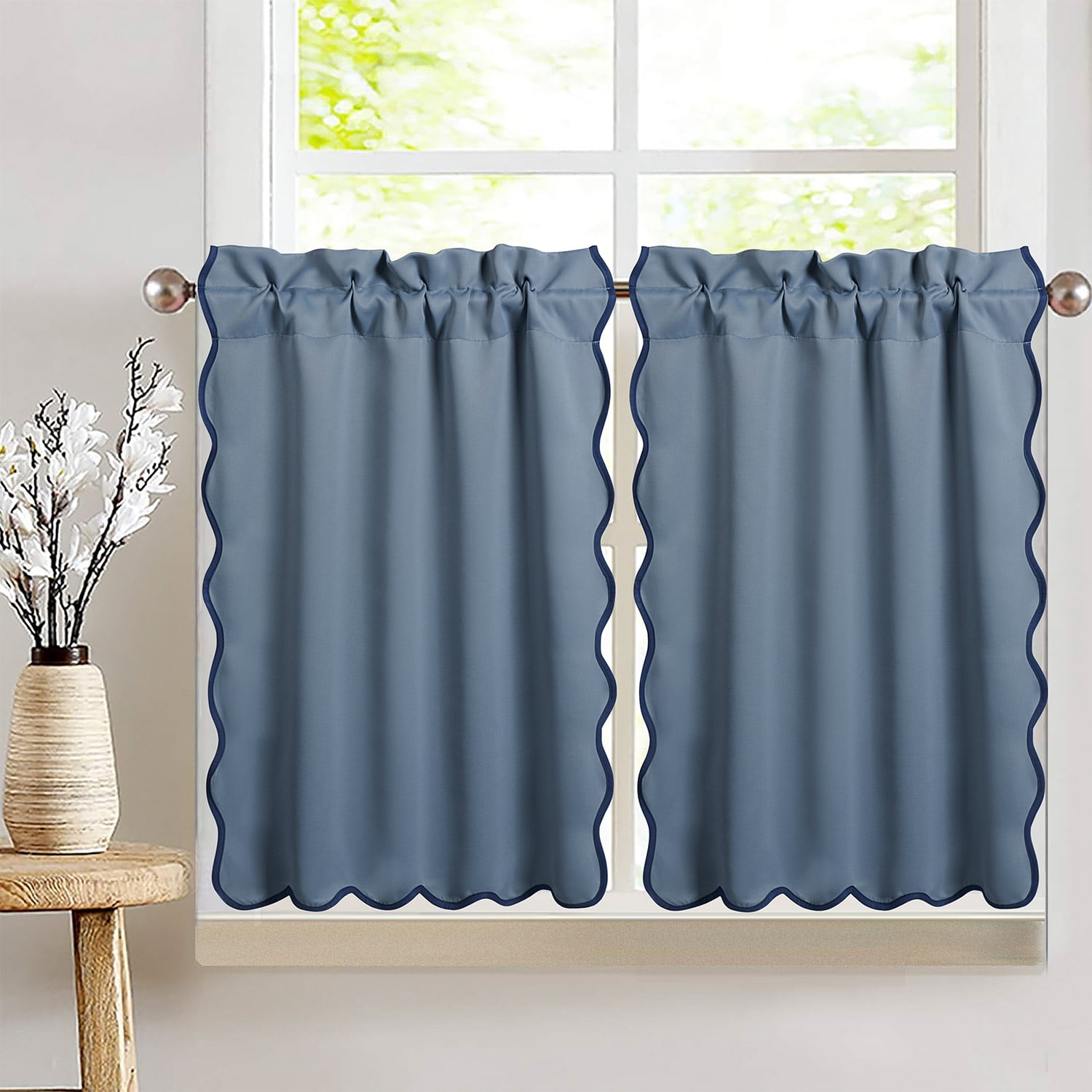 HIG Blue Scalloped Half Curtain with blackout for Kitchen,2 Panels,30"x 24"