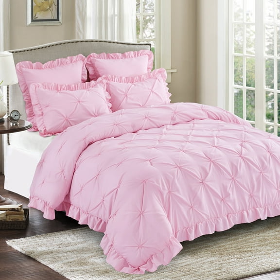 HIG Blush 5 Piece Bed in a Bag – Ruffled Comforter Set with French Country, King for Adults