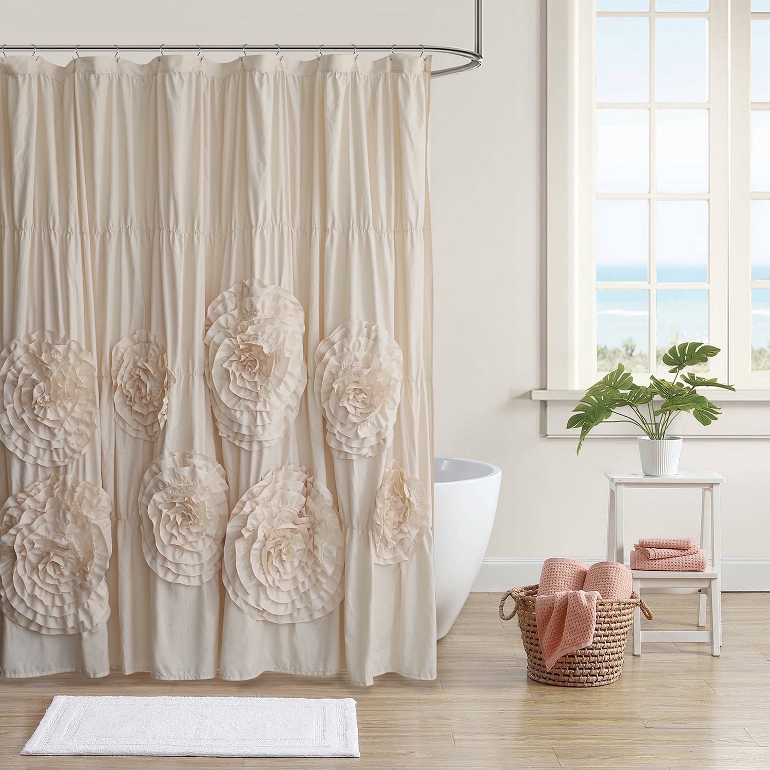 HIG Boho Ruffled Shower Curtain - Oversized Floral Print, Heavy Fabric with Elegant Draping for Bathroom, 72"x72", Camel