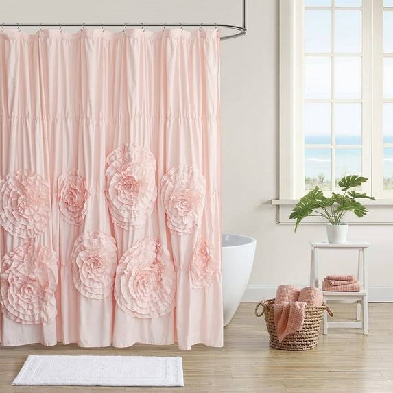 HIG Boho Ruffled Shower Curtain - Oversized Floral Print, Heavy Fabric with Elegant Draping for Bathroom, 72"x72", Peach