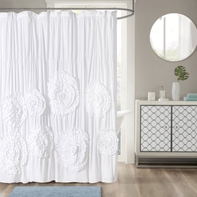 HIG Boho Ruffled Shower Curtain - Oversized Floral Print, Heavy Fabric with Elegant Draping for Bathroom, 72"x72", White