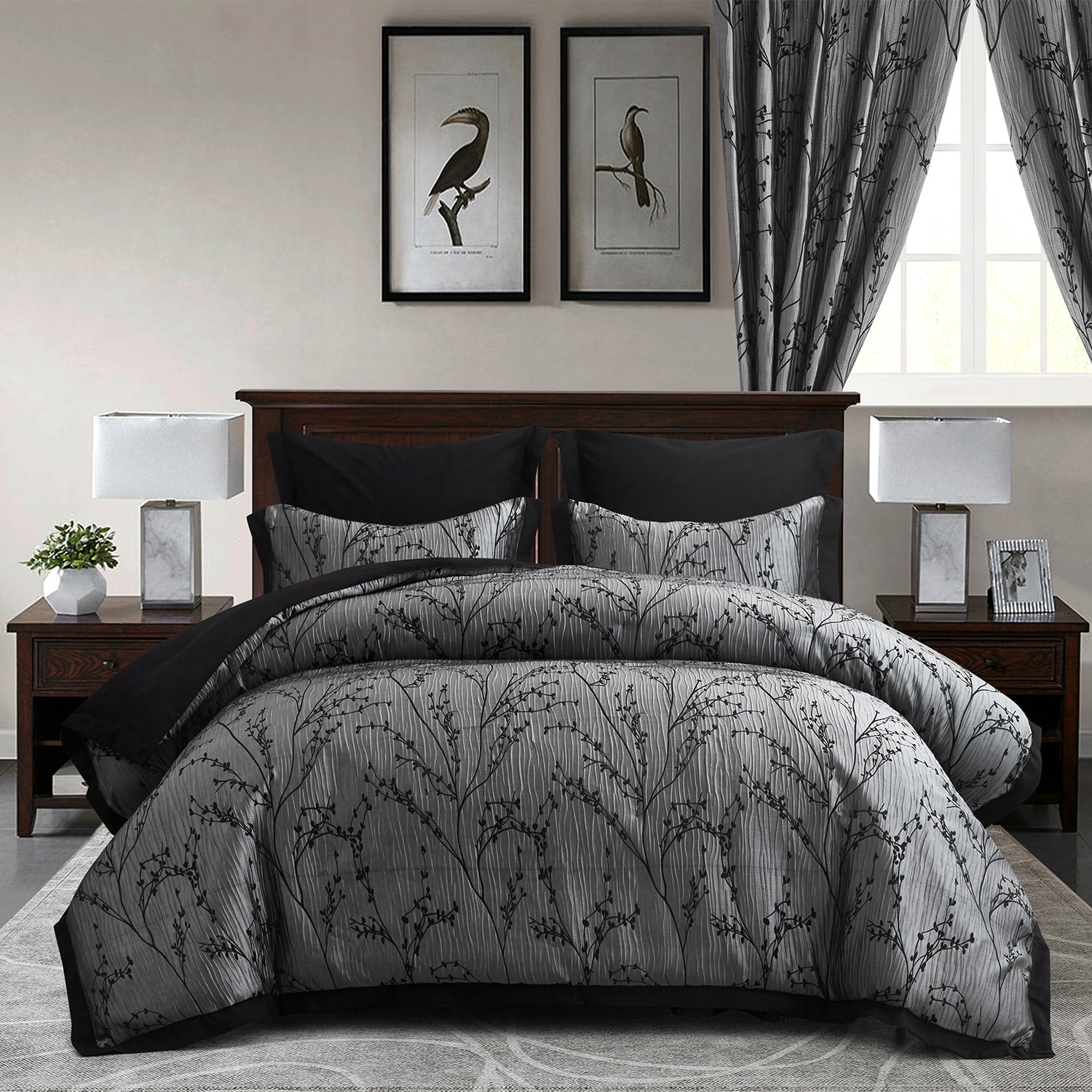 HIG Burgundy Jacquard Patchwork Comforter Set with Matching Curtains, Bed in a Bag King
