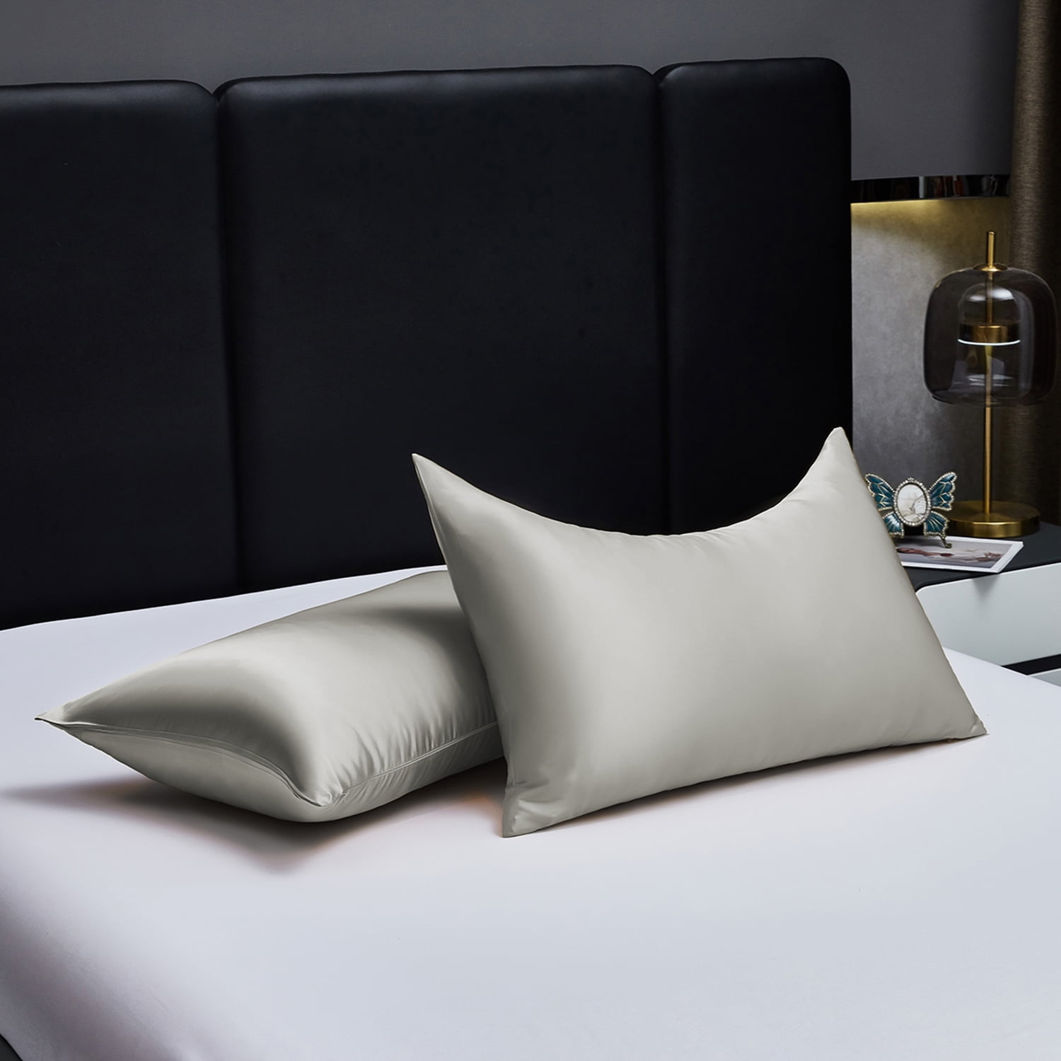 HIG Cooling Curved Pillow Cases 2 Pack King - Silky Soft Stretch Satin Pillow Shams, Dark Gray - 20x36 Inches