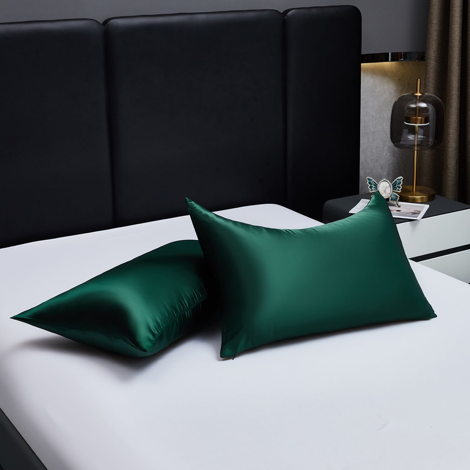 HIG Cooling Curved Pillow Cases 2 Pack Queen - Silky Soft Stretch Satin Pillow Shams, Dark Green - 20x30 Inches