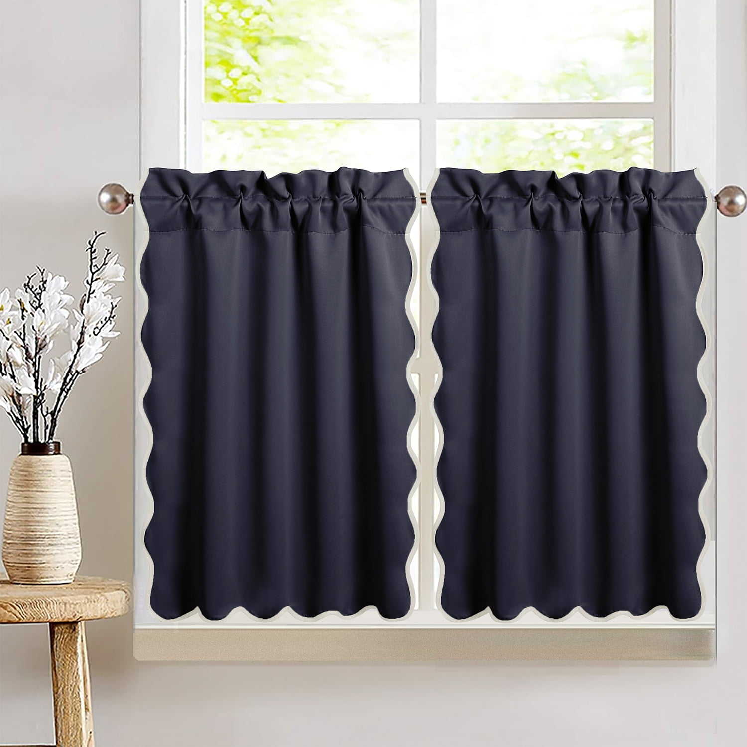 HIG Dark Gray Scalloped Half Curtain with blackout for Kitchen,2 Panels,30"x 36"