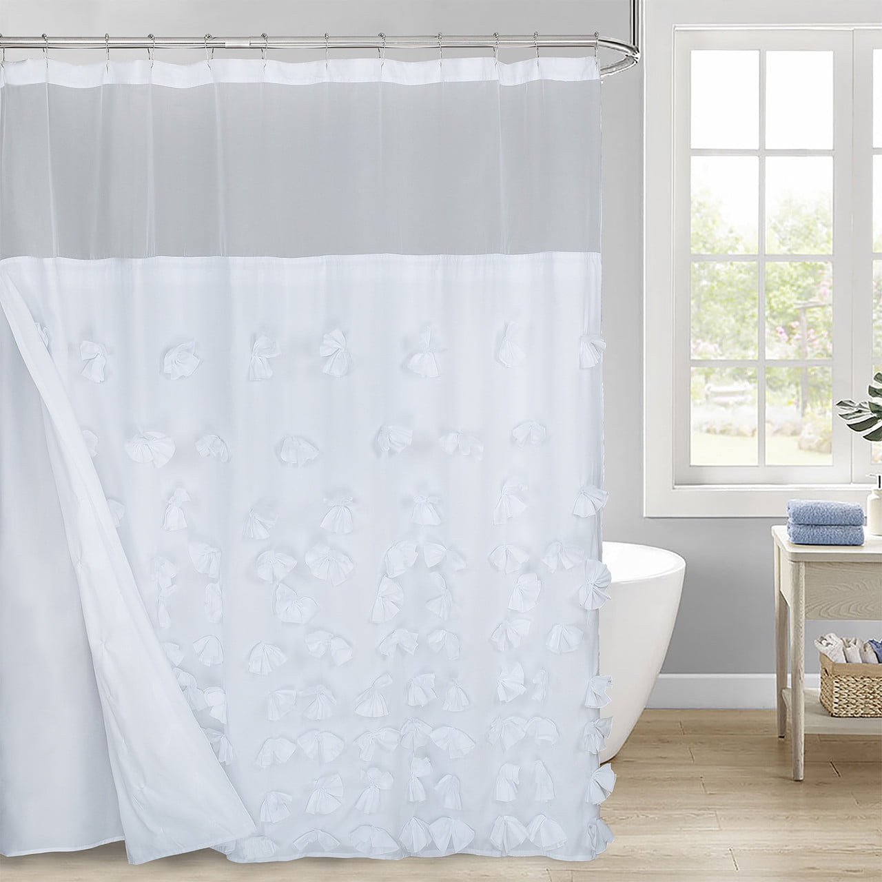 HIG Farmhouse Shower Curtain with Snap in Liner Set Bow Ties Bathroom