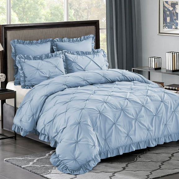 HIG Fog Blue 5 Piece Bed in a Bag – Ruffled Comforter Set with French Country, King for Adults