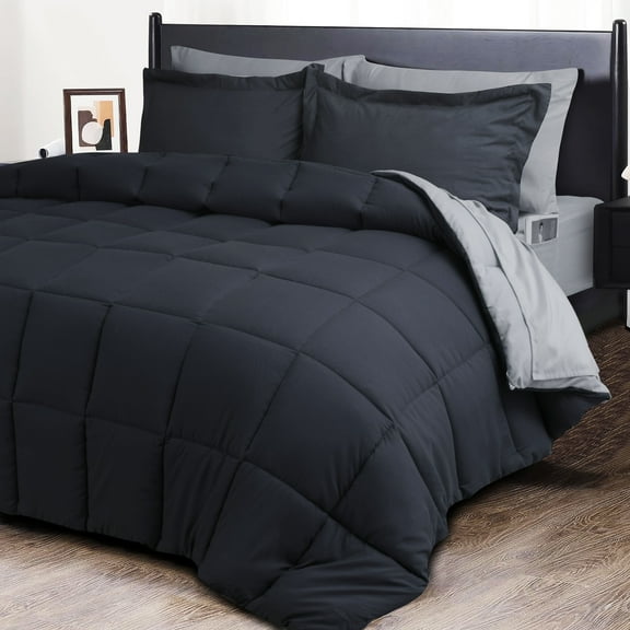 HIG Full 7 Pieces Comforter Set, Gray Reversible and Lightweight Bed in a Bag with 1 Comforter, 1 Flat Sheet, 1 Fitted Sheet, 2 Pillowcases, 2 Pillow Shams, All Season Bedding Set for Dorm Bedroom
