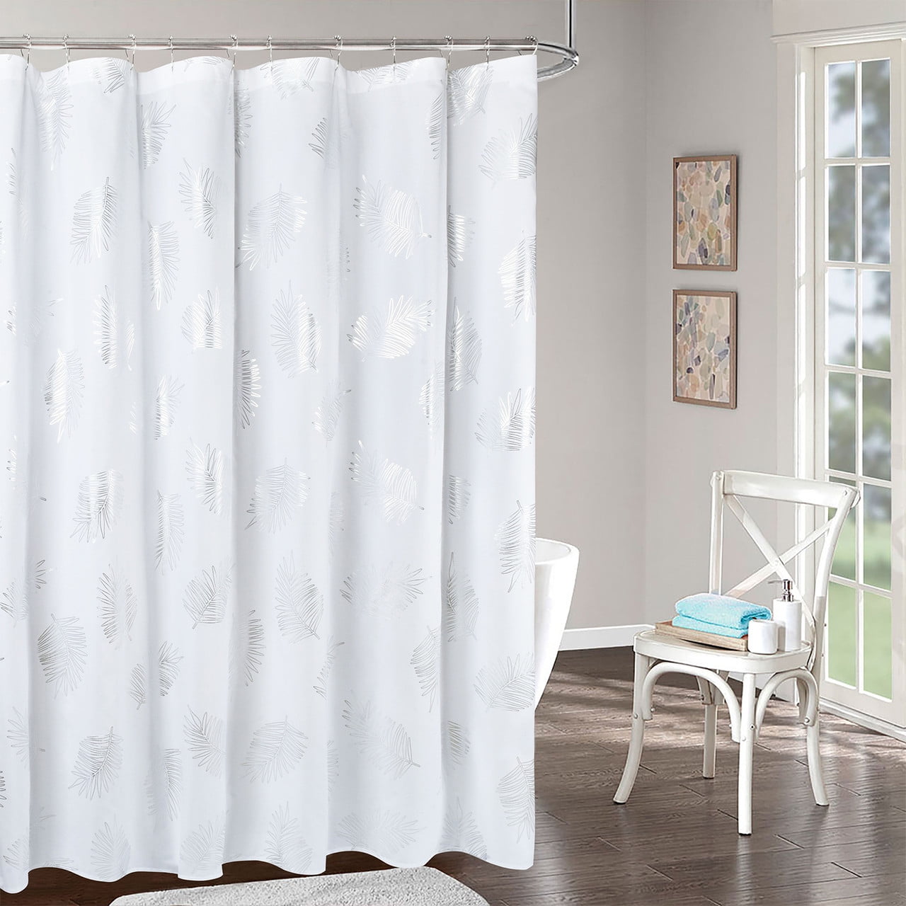 HIG Glitter Tropical Monstera Metallic Printed Shower Curtains for Bathroom, White, 72"x72"
