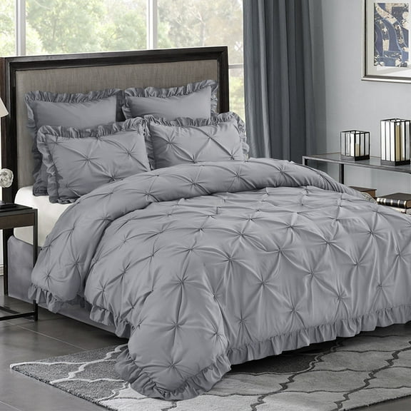 HIG Gray 5 Piece Bed in a Bag – Ruffled Comforter Set with French Country, King for Adults