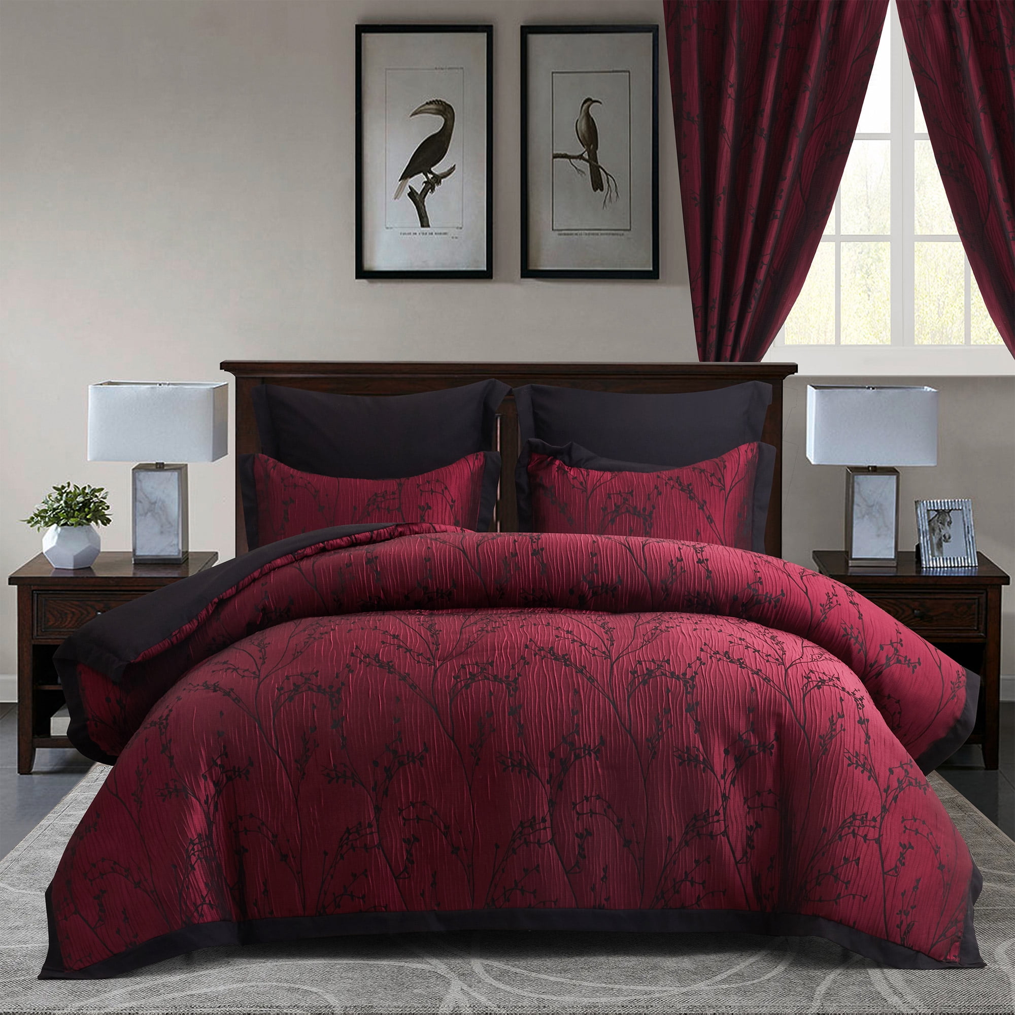 HIG Gray Jacquard Patchwork Comforter Set with Matching Curtains, Bed in a Bag Queen