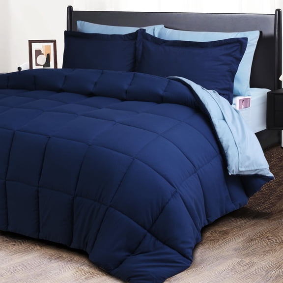 HIG King 7 Pieces Comforter Set, Navy Reversible and Lightweight Bed in a Bag with 1 Comforter, 1 Flat Sheet, 1 Fitted Sheet, 2 Pillowcases, 2 Pillow Shams, All Season Bedding Set for Dorm Bedroom