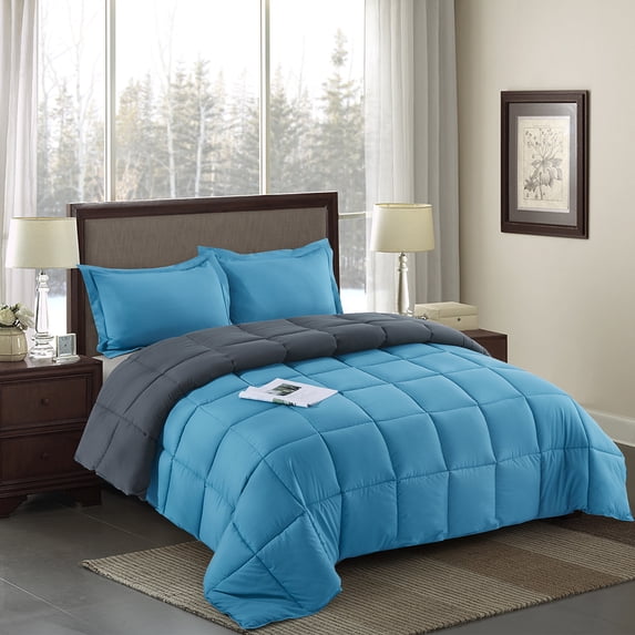 HIG Turquoise All-Season Reversible Down Alternative Quilted Comforter - Lightweight - Hypoallergenic Microfiber Fill - Corner Duvet Tabs - Box Stitched - Machine Washable - Full/Queen Size
