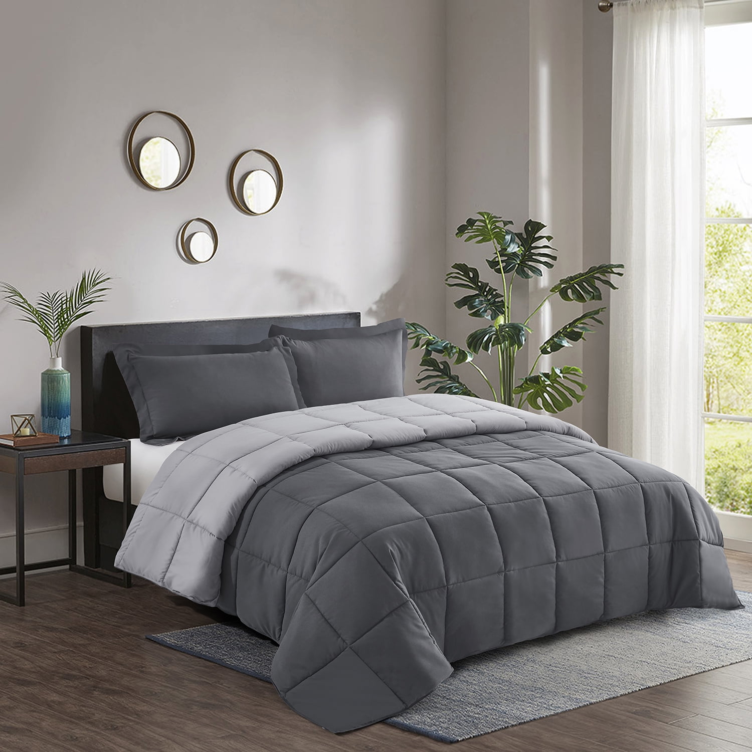 HIG Light Weight Down Alternative Comforter, Queen, Gray, Reversible
