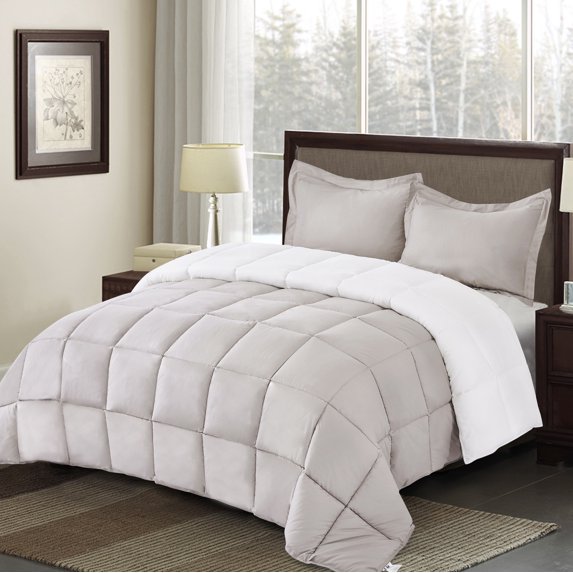 HIG Light Khaki All-Season Reversible Down Alternative Quilted Comforter - Lightweight - Hypoallergenic Microfiber Fill - Corner Duvet Tabs - Box Stitched - Machine Washable - Full/Queen Size