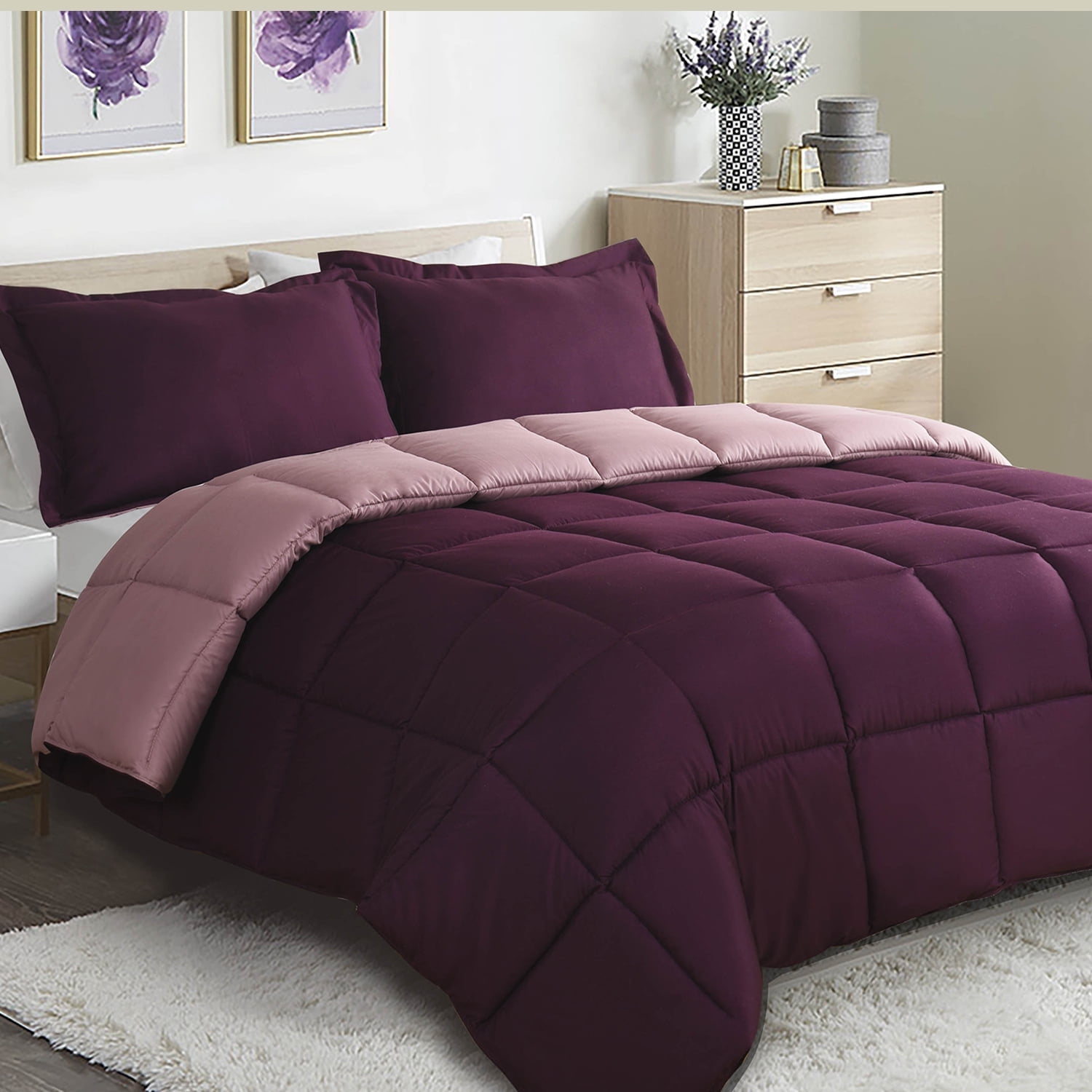HIG Light Weight Down Alternative Comforter Set, King, Plum, Reversible
