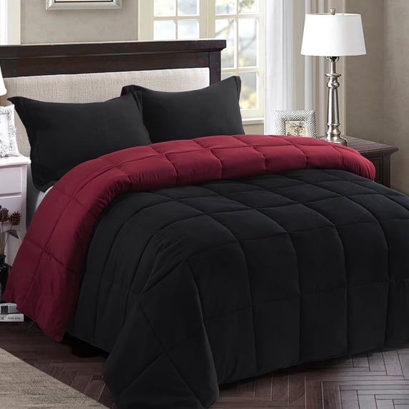 HIG Light Weight Down Alternative Comforter Set, Queen, Black, Reversible