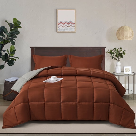 HIG Light Weight Down Alternative Comforter Set, Queen, Brick, Reversible