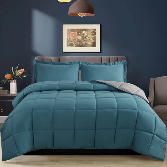 HIG Light Weight Down Alternative Comforter Set, Queen, Dust Blue, Reversible