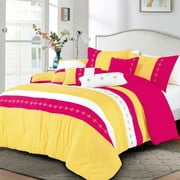 HIG Luxury Queen Size 7 Pieces Comforter Set - Vibrant Embroidered Color Block Patchwork - Ultra-Soft Brushed Microfiber Bedding Collection, Pink and Yellow
