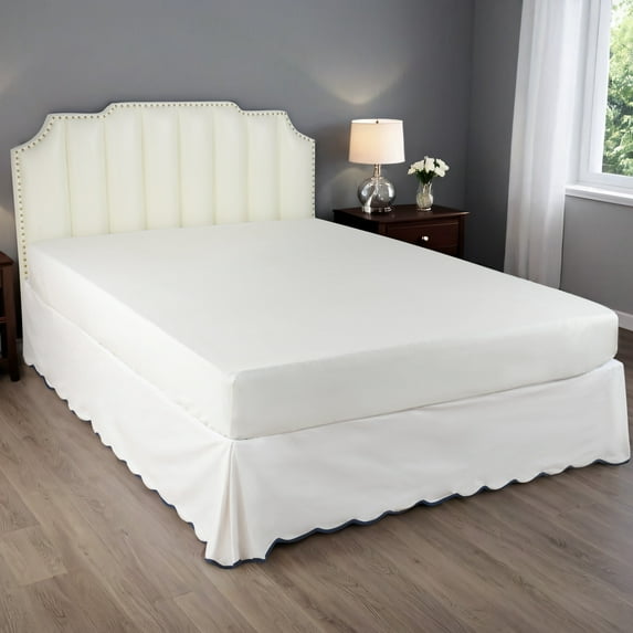 HIG Off-White King Bed Skirt, Scallop Edge Pleated Dust Ruffle, 14 Inch Drop Anti-Slip Thick Fabric, Pre-Washed for Durability