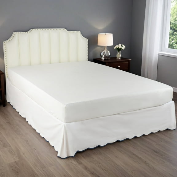 HIG Off-White King Bed Skirt, Scallop Edge Pleated Dust Ruffle, 14 Inch Drop Anti-Slip Thick Fabric, Pre-Washed for Durability