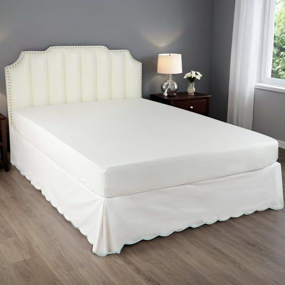 HIG Off-White Queen Bed Skirt, Scallop Edge Pleated Dust Ruffle, 14 Inch Drop Anti-Slip Thick Fabric, Pre-Washed for Durability