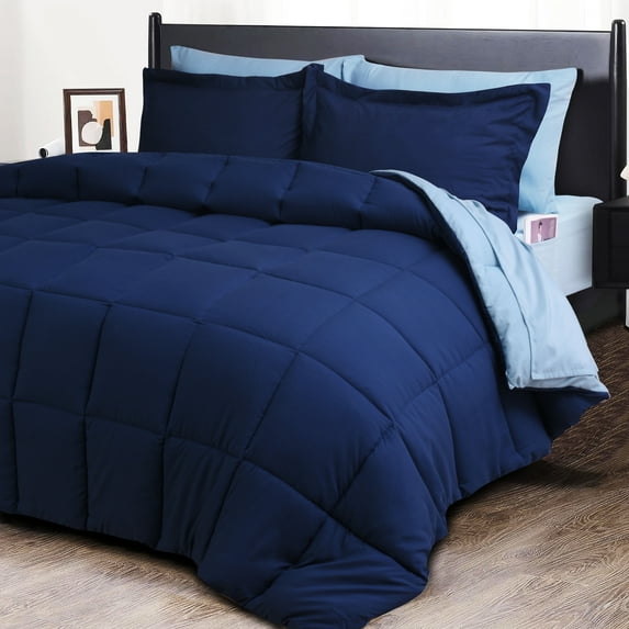 HIG Queen 7 Pieces Comforter Set, Navy Reversible and Lightweight Bed in a Bag with 1 Comforter, 1 Flat Sheet, 1 Fitted Sheet, 2 Pillowcases, 2 Pillow Shams, All Season Bedding Set for Dorm Bedroom