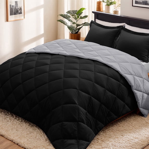 HIG Reversible Down Alternative Comforter Set, King, Black/Gray, Diamond Stitch