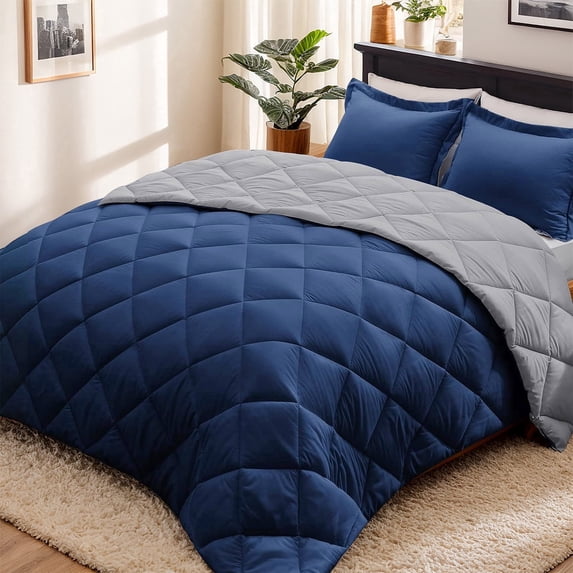HIG Reversible Down Alternative Comforter Set, Queen, Navy/Gray, Diamond Stitch