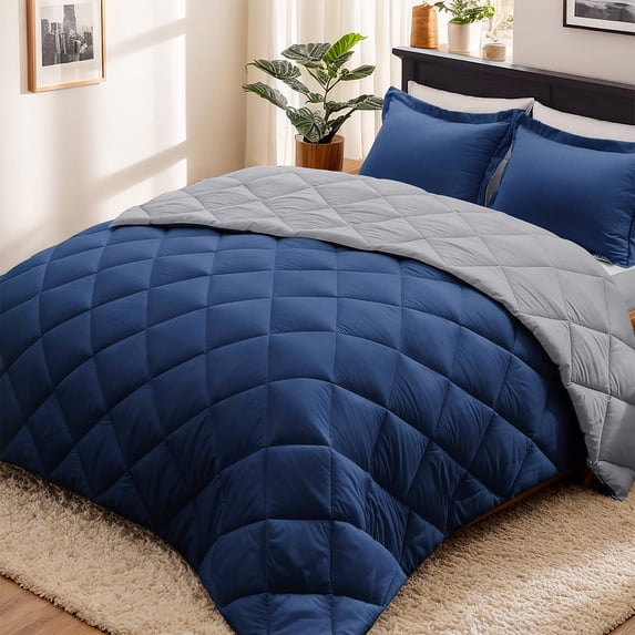 HIG Reversible Down Alternative Comforter Set, Queen, Navy/Gray, Diamond Stitch