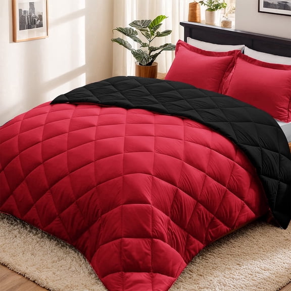 HIG Reversible Down Alternative Comforter Set, Queen, Red/Black, Diamond Stitch