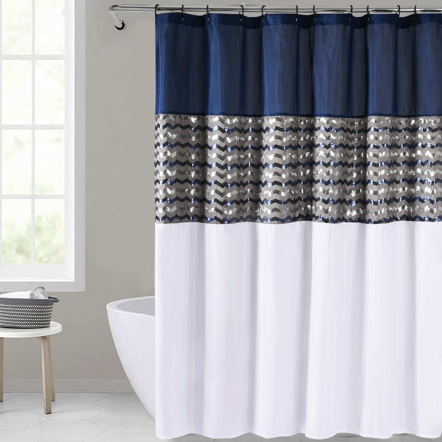 HIG Sequin Shower Curtains, Faux Silk Fabric, 72 x 72 inches, Navy