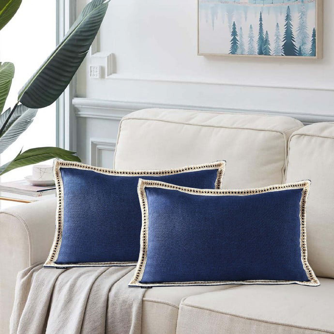 HIG Set of 2 Navy Throw Pillow Covers Vintage Linen Trimmed Cushion