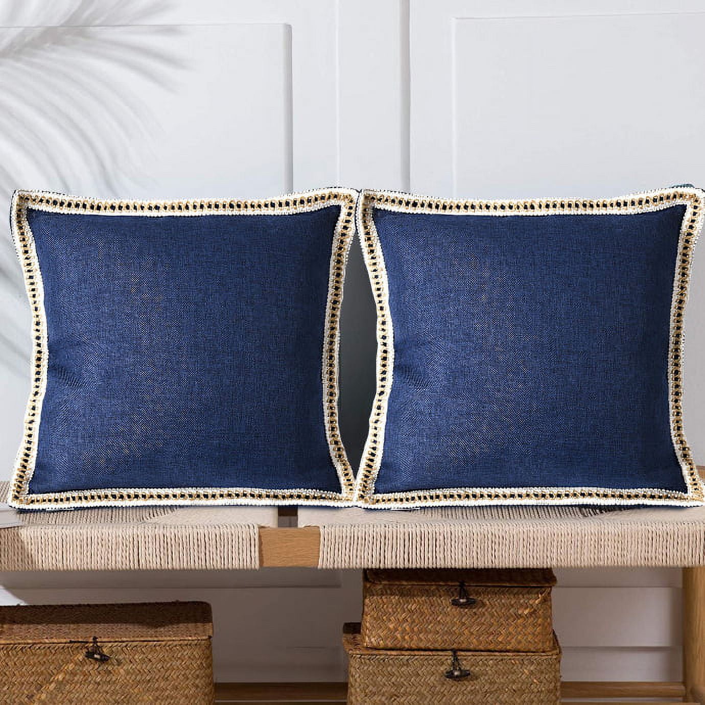 HIG Set of 2 Navy Throw Pillow Covers Vintage Linen Trimmed Cushion