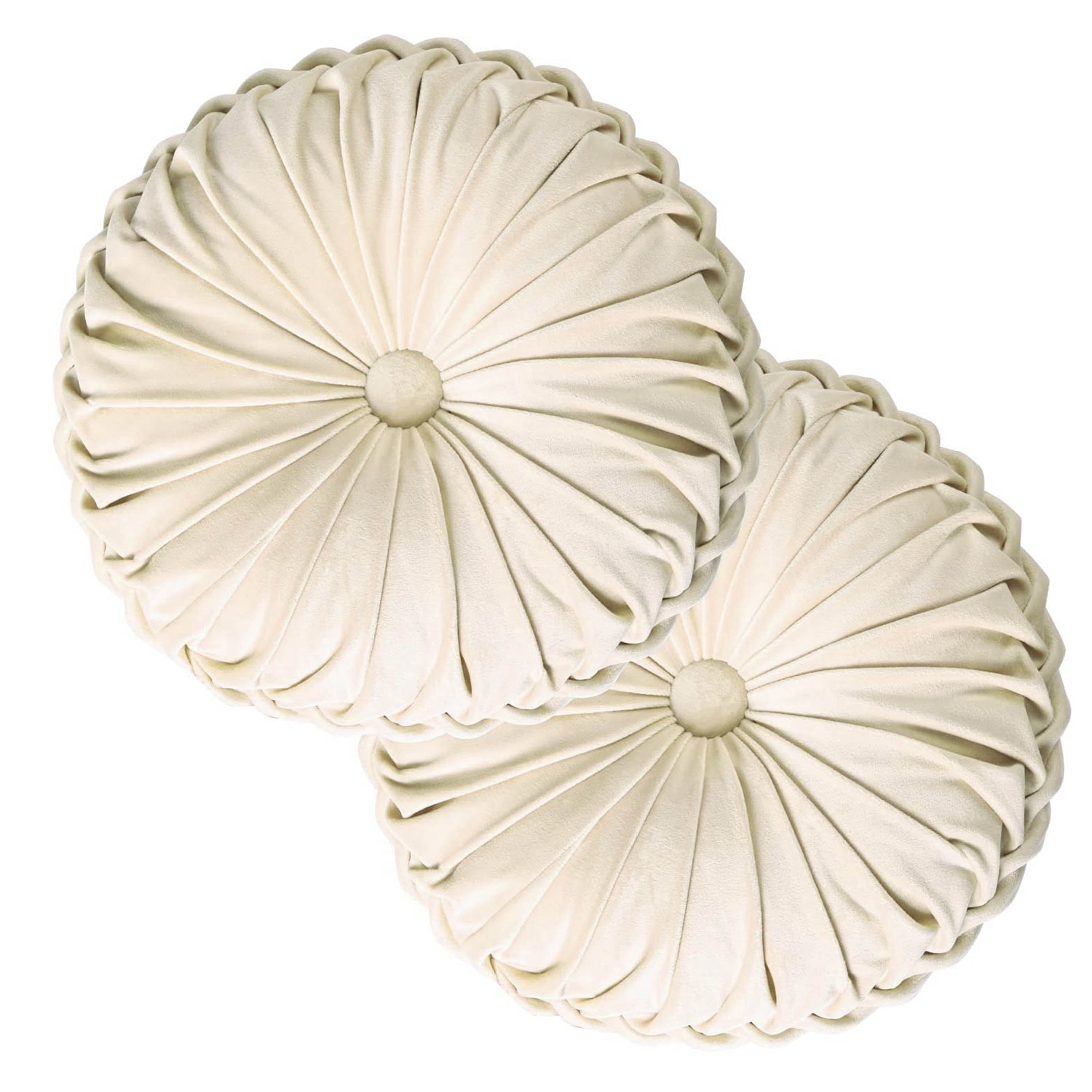 HIG Set of 2 Pumpkin Pleated Round Throw Pillows, Soft Velvet, Beige, 14.5" Diameter
