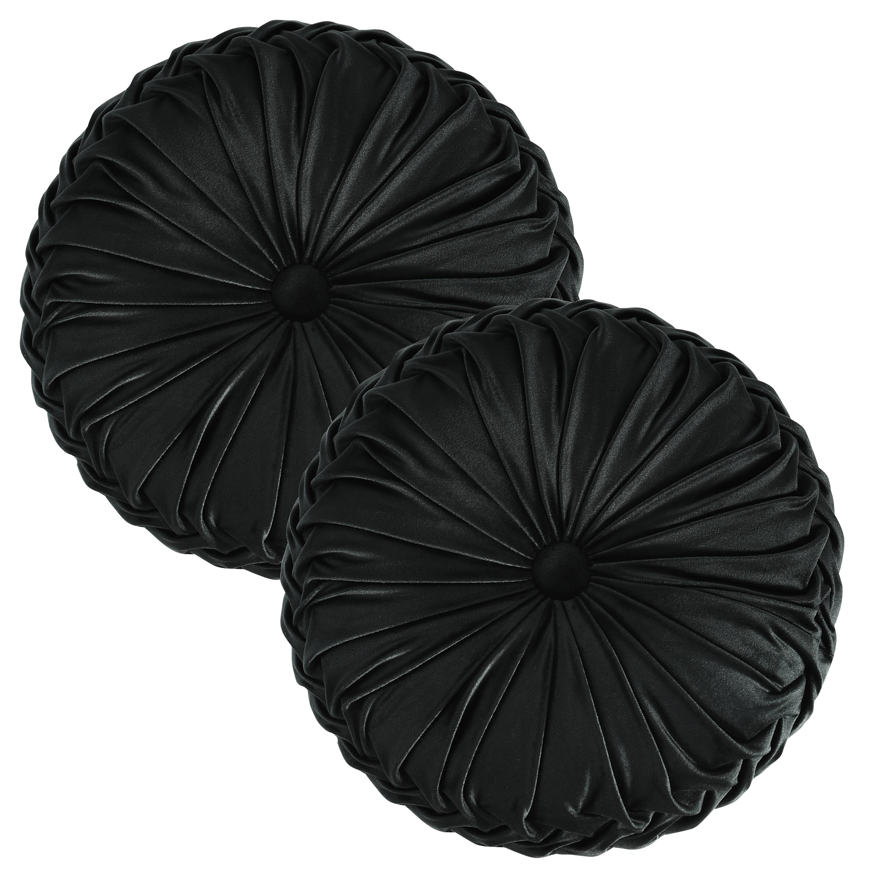 HIG Set of 2 Pumpkin Pleated Round Throw Pillows, Soft Velvet, Black, 14.5" Diameter