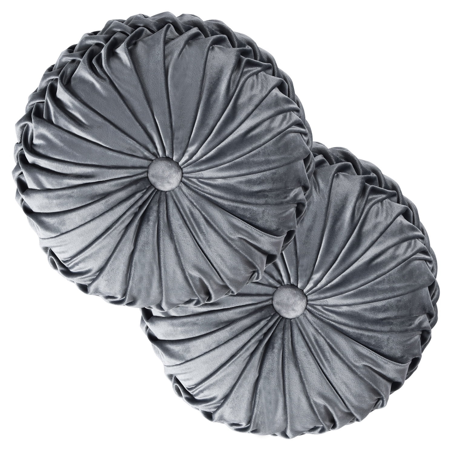 HIG Set of 2 Pumpkin Pleated Round Throw Pillows, Soft Velvet, Dark Gray, 14.5" Diameter