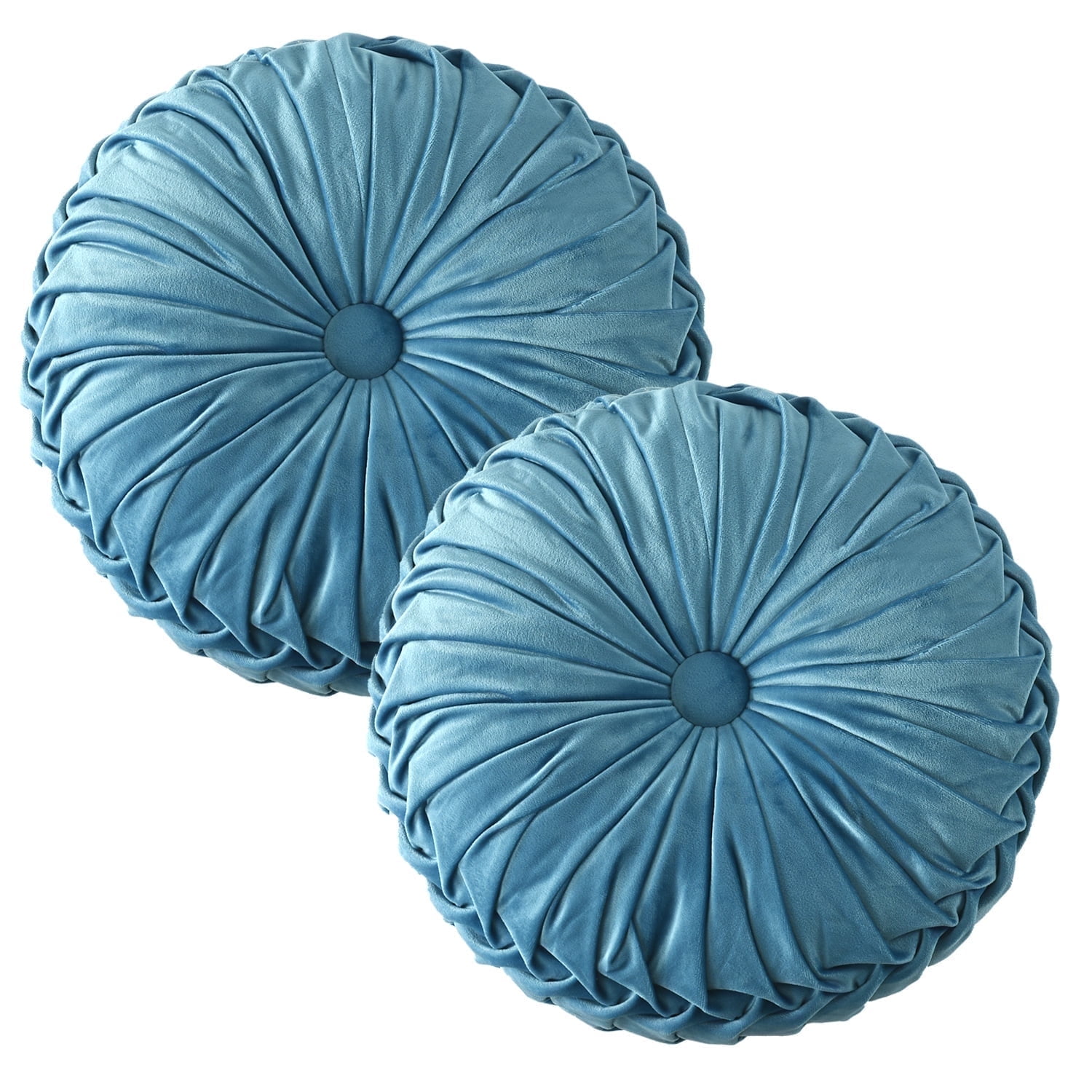 HIG Set of 2 Pumpkin Pleated Round Throw Pillows, Soft Velvet, Dusty Blue, 14.5" Diameter