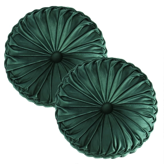HIG Set of 2 Pumpkin Pleated Round Throw Pillows, Soft Velvet, Emerald, 14.5" Diameter