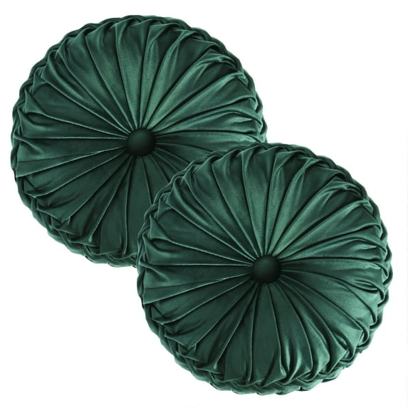 HIG Set of 2 Pumpkin Pleated Round Throw Pillows, Soft Velvet, Emerald, 14.5" Diameter