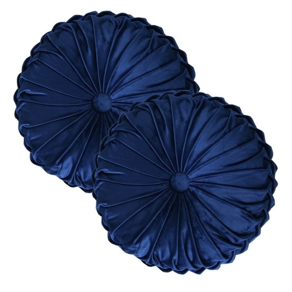HIG Set of 2 Pumpkin Pleated Round Throw Pillows, Soft Velvet, Navy, 14.5" Diameter