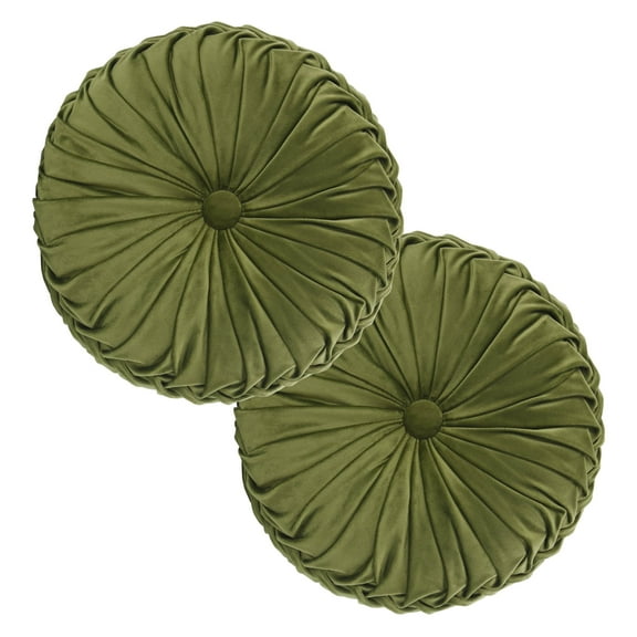 HIG Set of 2 Pumpkin Pleated Round Throw Pillows, Soft Velvet, Olive, 14.5" Diameter