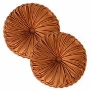 HIG Set of 2 Pumpkin Pleated Round Throw Pillows, Soft Velvet, Rust, 14.5" Diameter