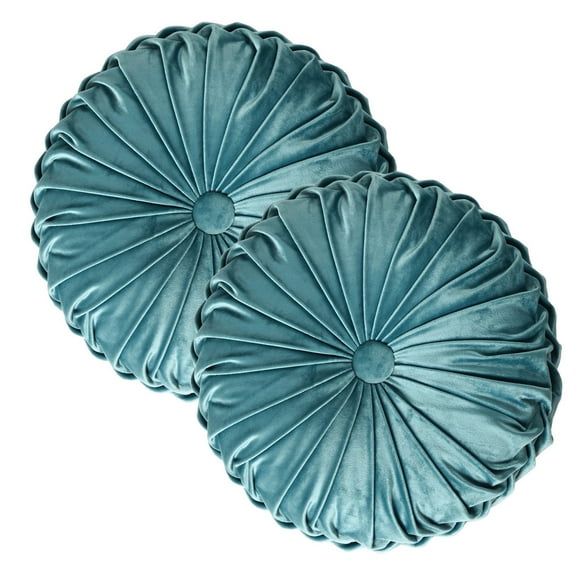 HIG Set of 2 Pumpkin Pleated Round Throw Pillows, Soft Velvet, Teal, 14.5" Diameter