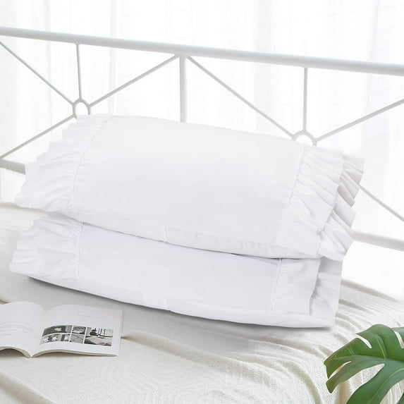 HIG Set of 2 Vintage Ruffle Pillow Shams, Microfiber, White, Queen Size