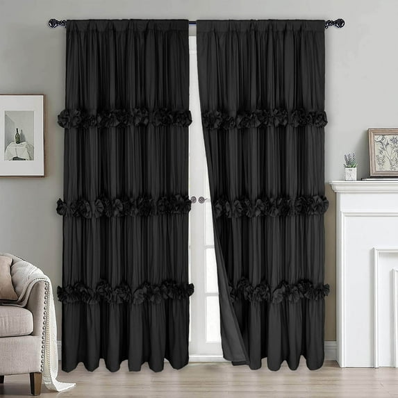 HIG Uptown Modern Black Solid Print Geometric Rod Pocket Blackout Curtains, 54" x 84" (2 Panels)