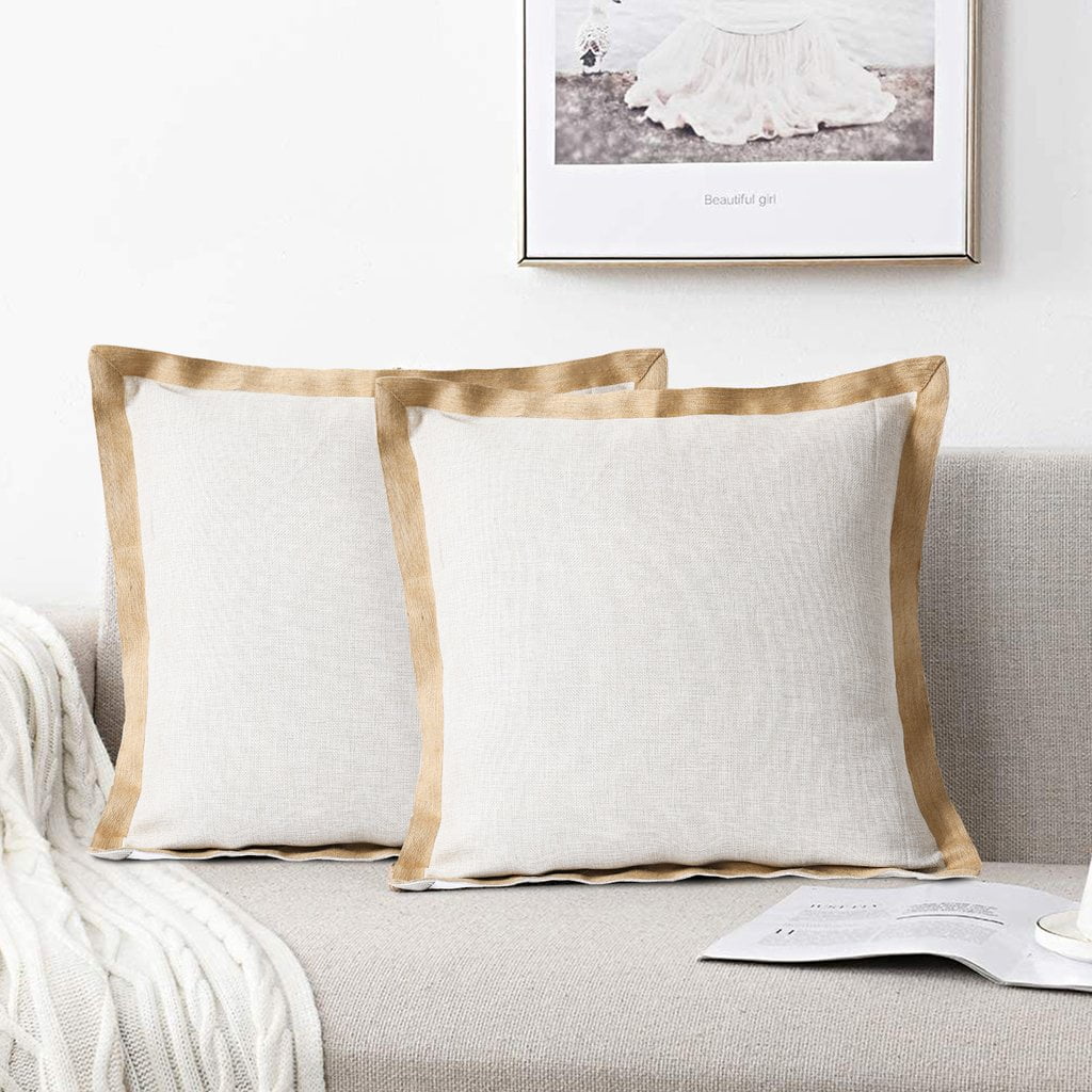 HIG Vintage Square Linen-Like Throw Pillow Covers, Cottage Boho Cushion Covers with Natural Burlap Trim, Idyllic Square Pillow Cases for Car Chair Porch, 2 Pieces, Natural, 20x20, No Insert (WALTER)