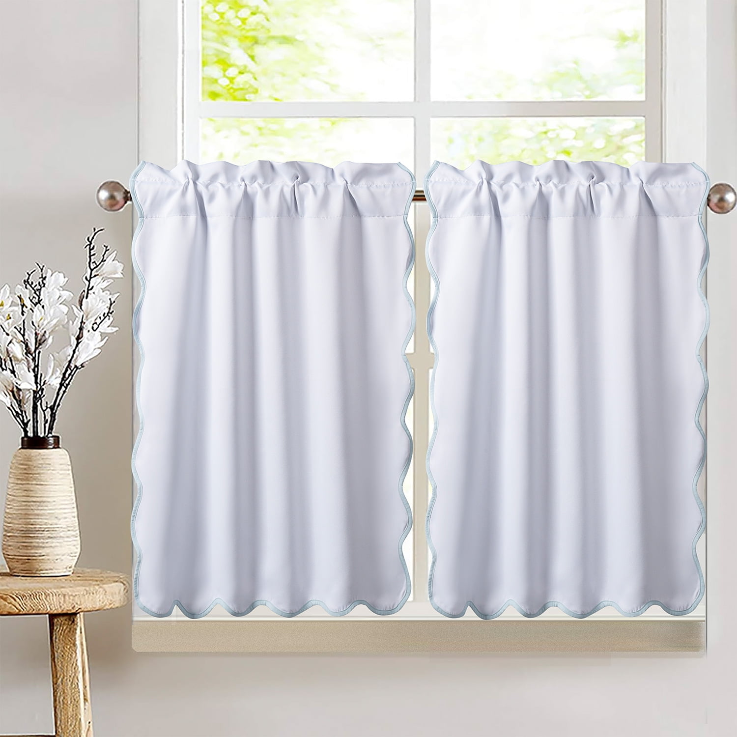 HIG White Scalloped Half Curtain with blackout for Kitchen,2 Panels,30"x 36"