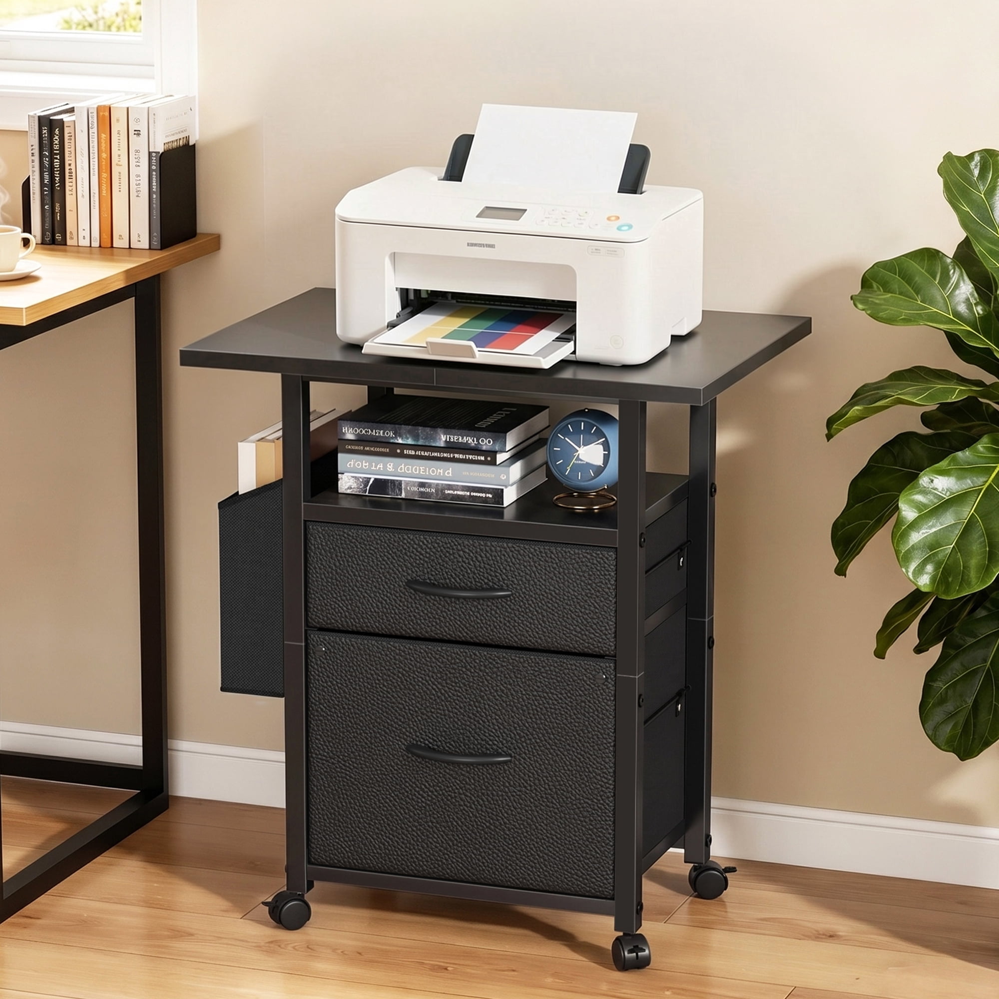 HIGDBFE File Cabinets with 2 Drawer, Rolling Fabric Filing Cabinet with 24'' Large Tabletop, Printer Stand for Home Office, Fits A4/Letter Size, Rustic Black